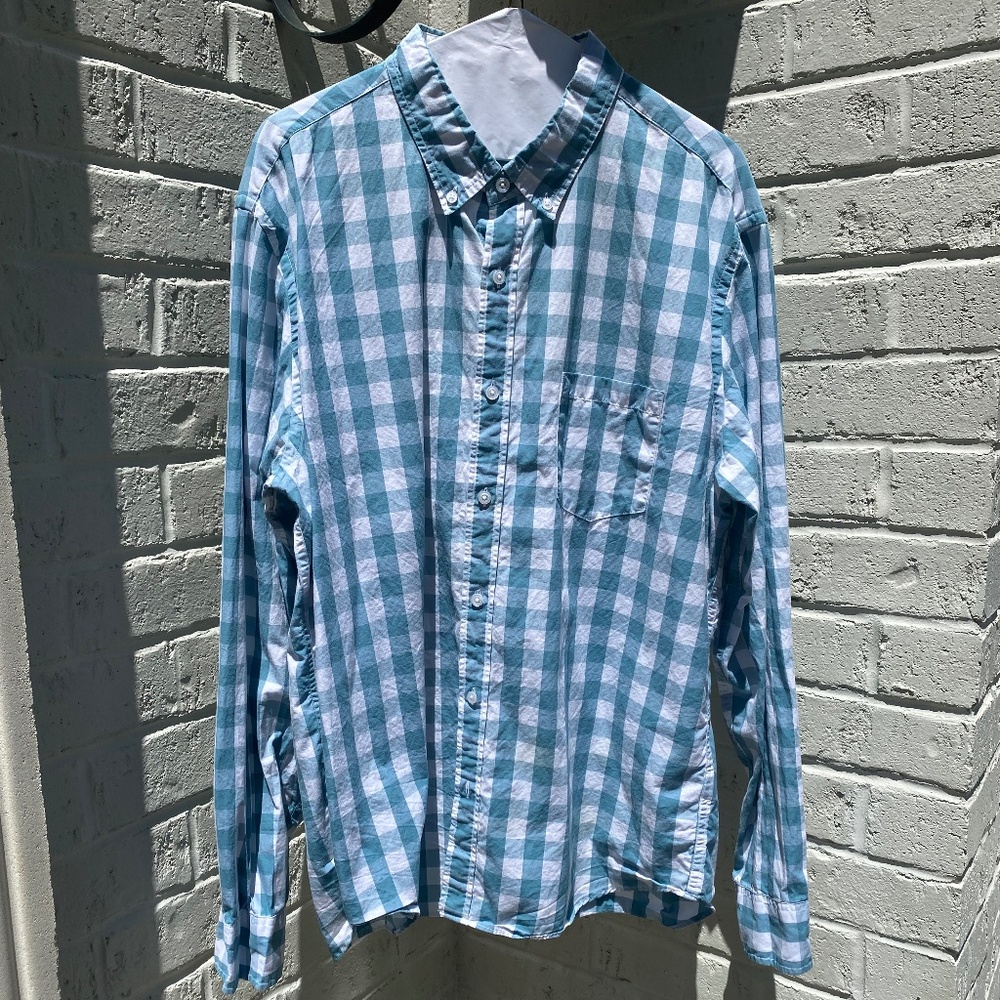 J Crew long sleeve button down shirt blue white check XL
